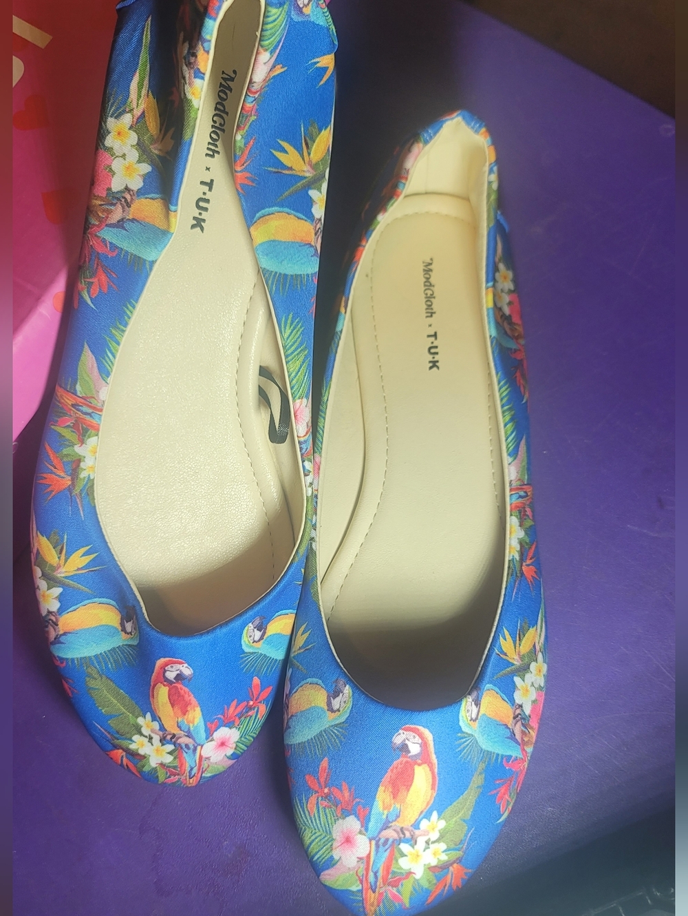 T.U.K - Modcloth - Tropical Parrot Print Blue Ballet Flats